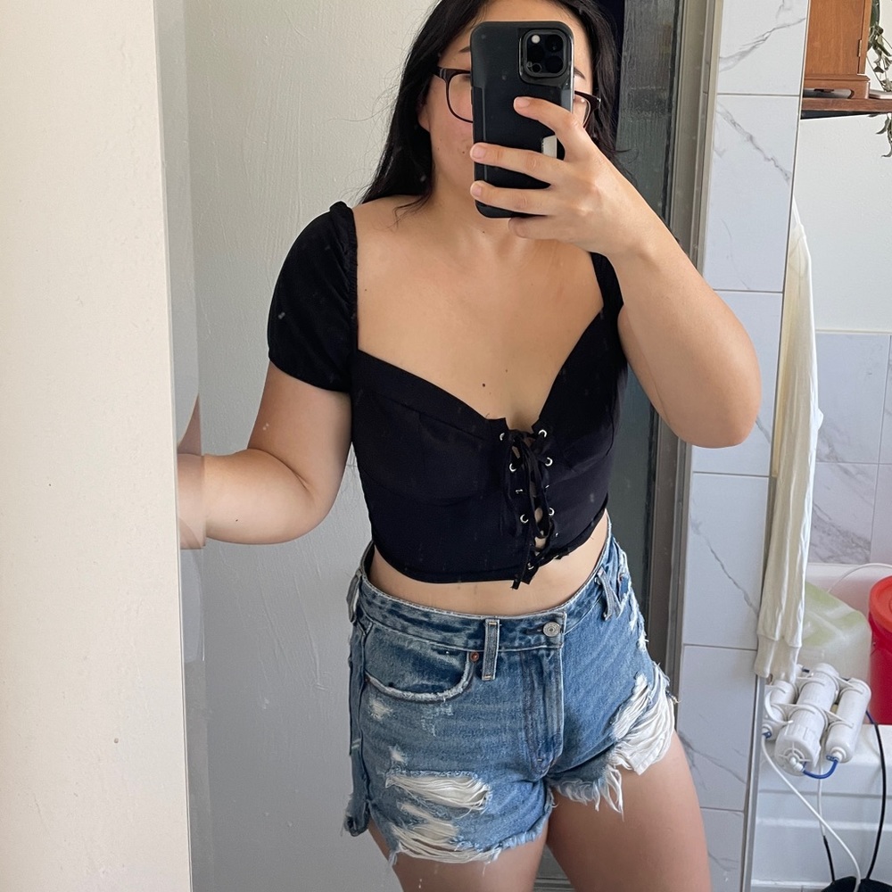 NAANAA Lace Up Milkmaid Crop Top Black (Size 4)